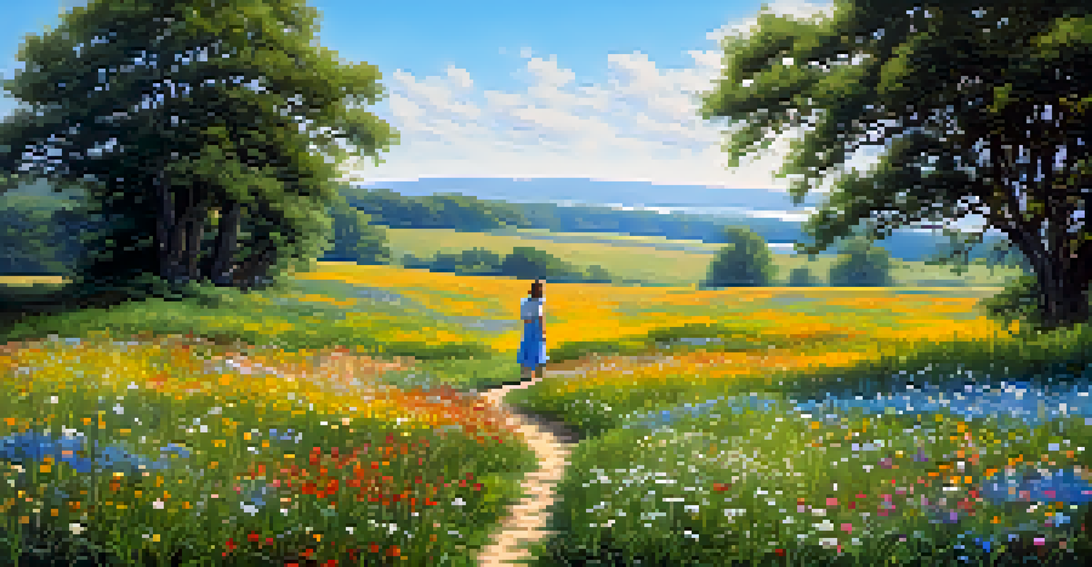 A person walking barefoot in a vibrant wildflower field under a clear blue sky, expressing joy and tranquility.
