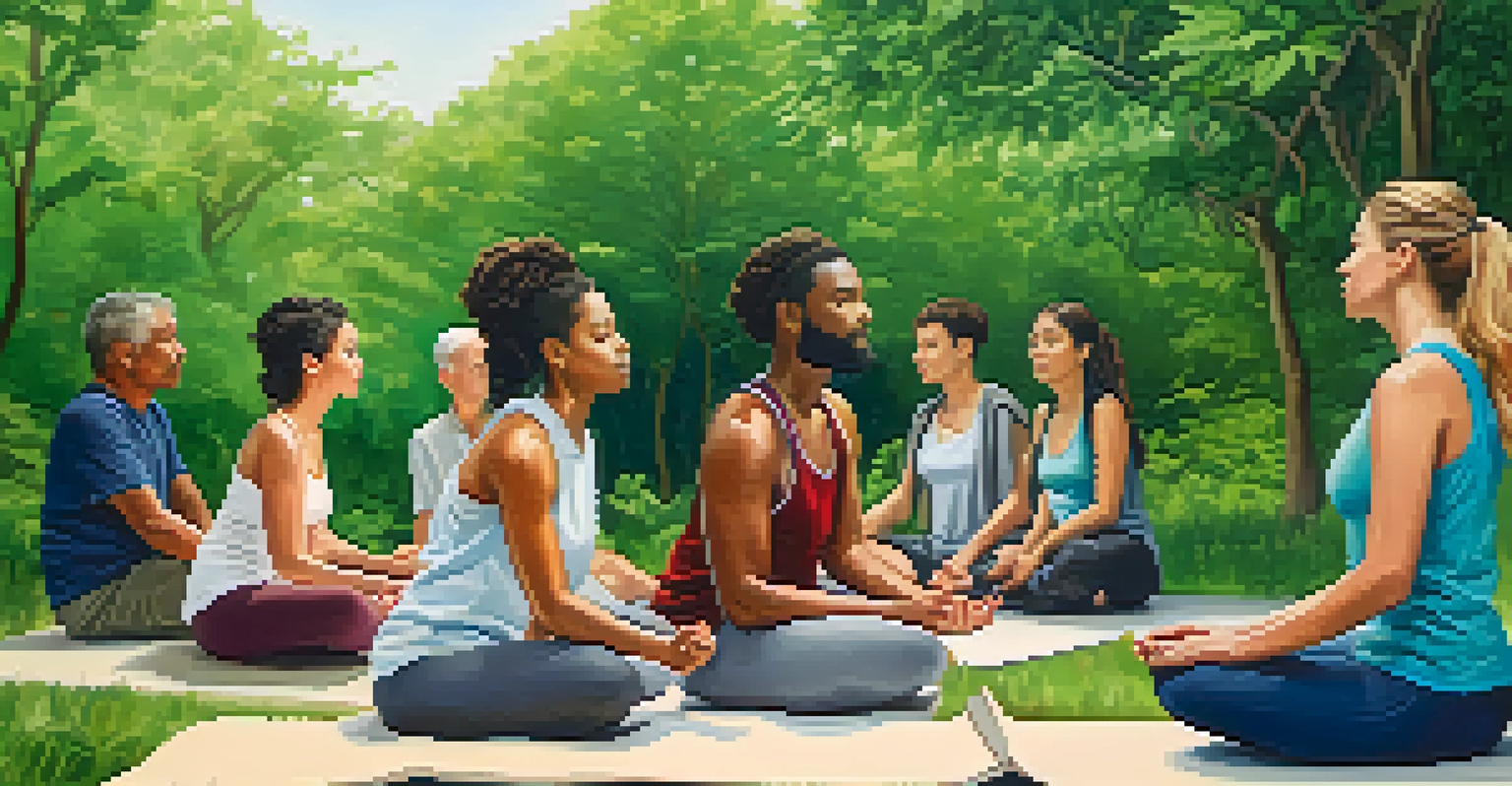 A group of individuals practicing mindfulness in a tranquil outdoor environment, highlighting unity and emotional support.
