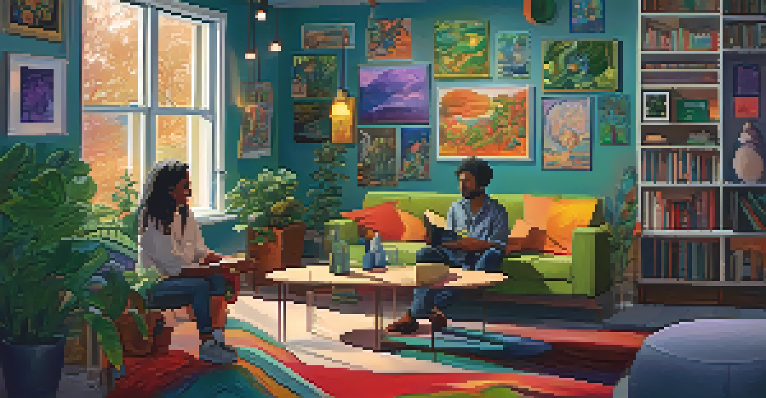 A cozy room with diverse individuals discussing hallucinogens, surrounded by colorful artwork and plants.