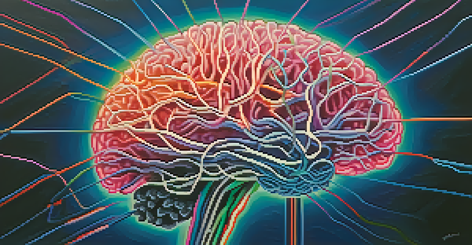 An abstract image of a brain with colorful neural pathways and a dark blue background.