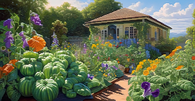 A colorful garden filled with tomatoes, basil, and morning glories, with sunlight filtering through the leaves and pollinators buzzing around.