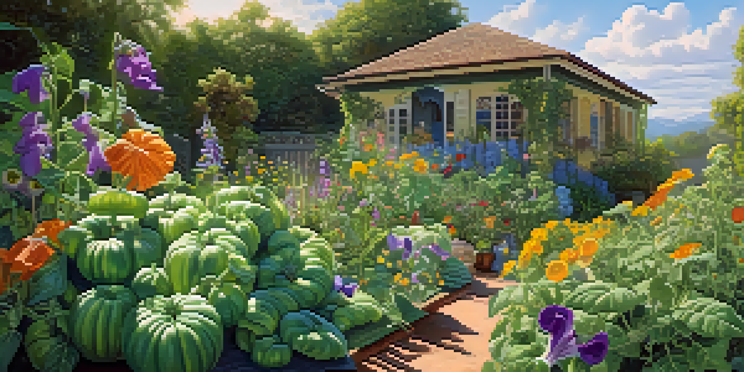 A colorful garden filled with tomatoes, basil, and morning glories, with sunlight filtering through the leaves and pollinators buzzing around.