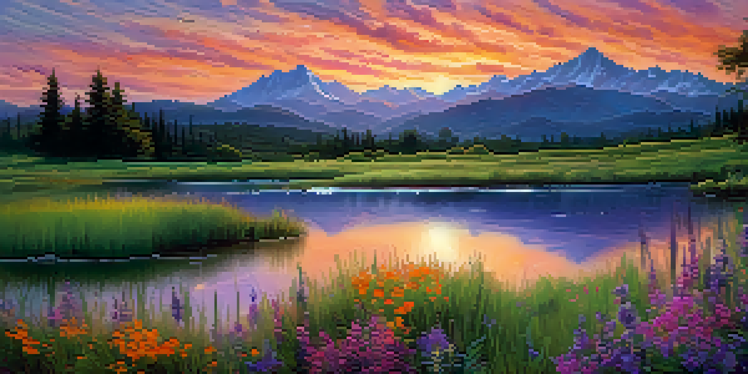 A picturesque sunset over a calm lake, with colorful reflections, lush grass, and distant mountains.