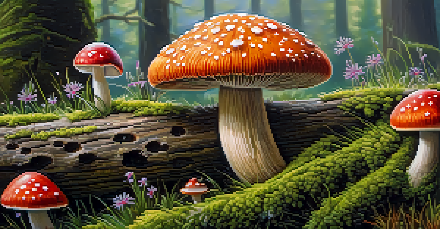 A detailed close-up of a colorful magic mushroom on a log, surrounded by moss and flowers.