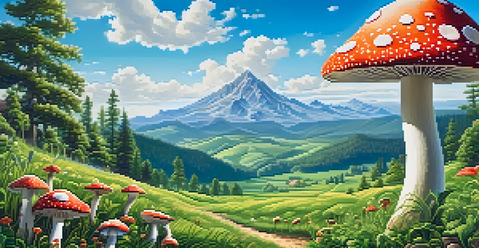 A peaceful green field filled with psilocybin mushrooms and colorful flowers, with mountains in the background under a clear blue sky.