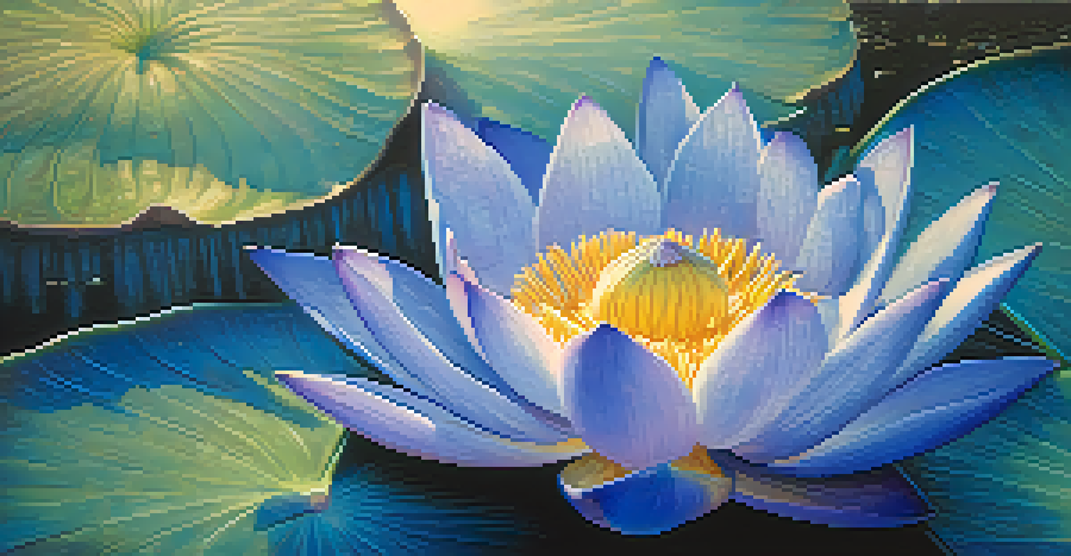 A close-up of a blue lotus flower with dew, set against a blurred background of ancient Egyptian hieroglyphics.