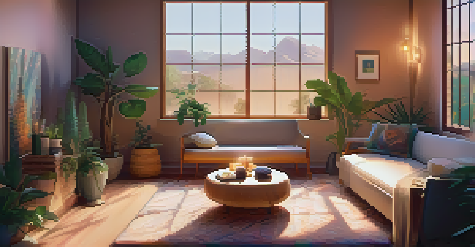 A cozy therapy room designed for a guided session with soft lighting and comfortable seating.