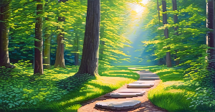 A tranquil forest with bright paths of light representing neural connections, surrounded by lush trees and soft sunlight.