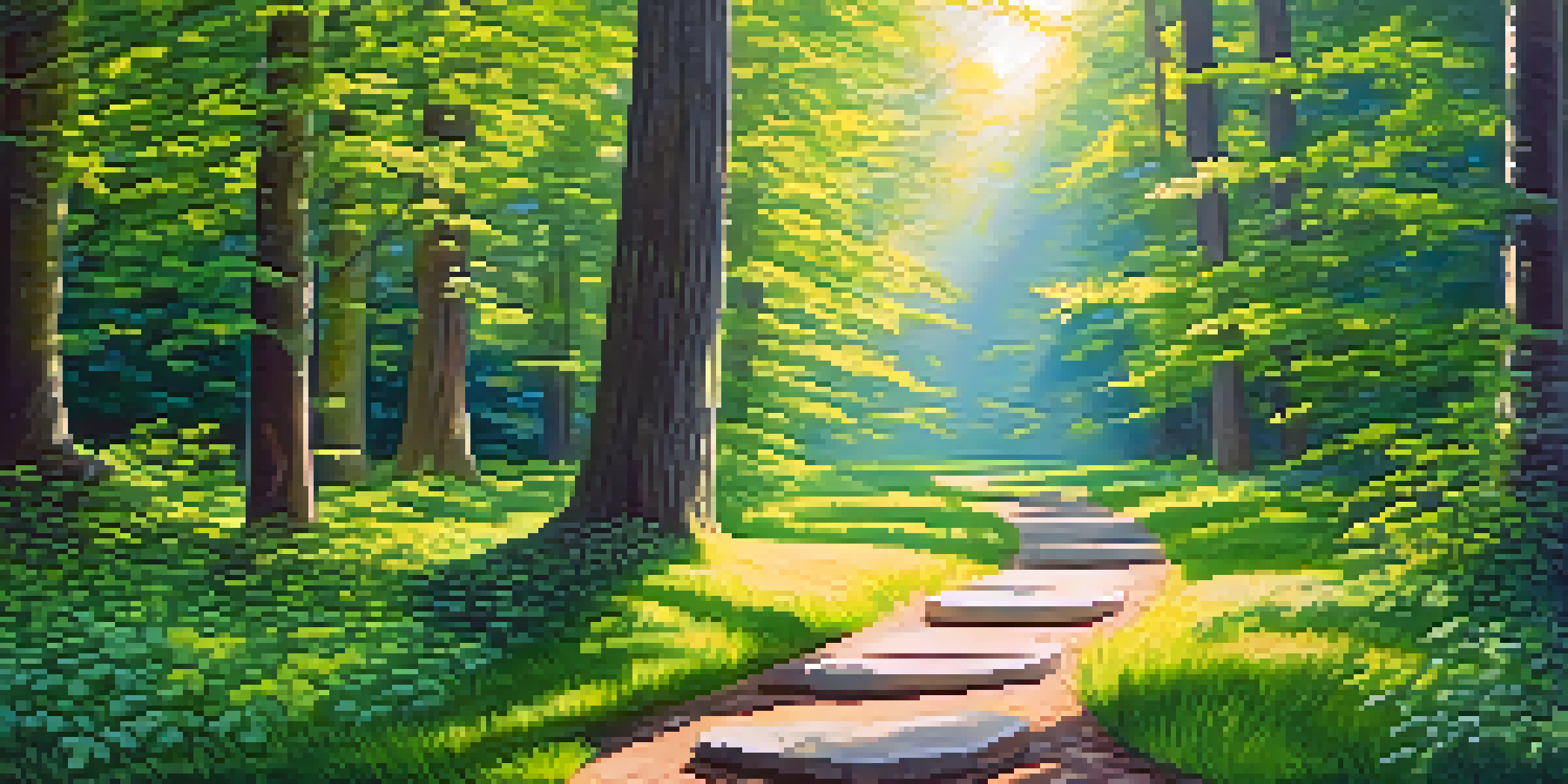 A tranquil forest with bright paths of light representing neural connections, surrounded by lush trees and soft sunlight.