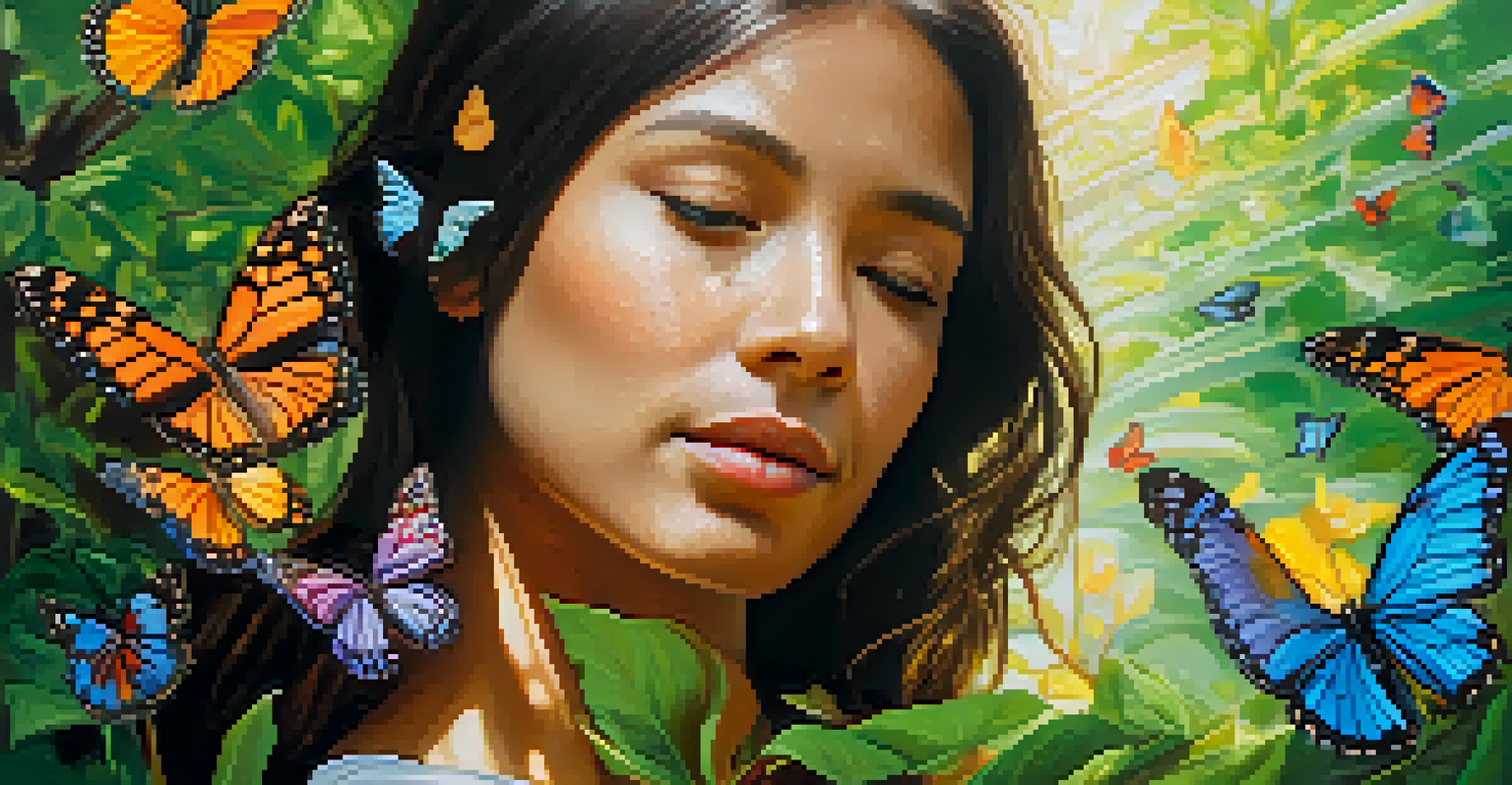 A close-up of a person meditating in nature, surrounded by butterflies and flowers, with a serene expression illuminated by sunlight.