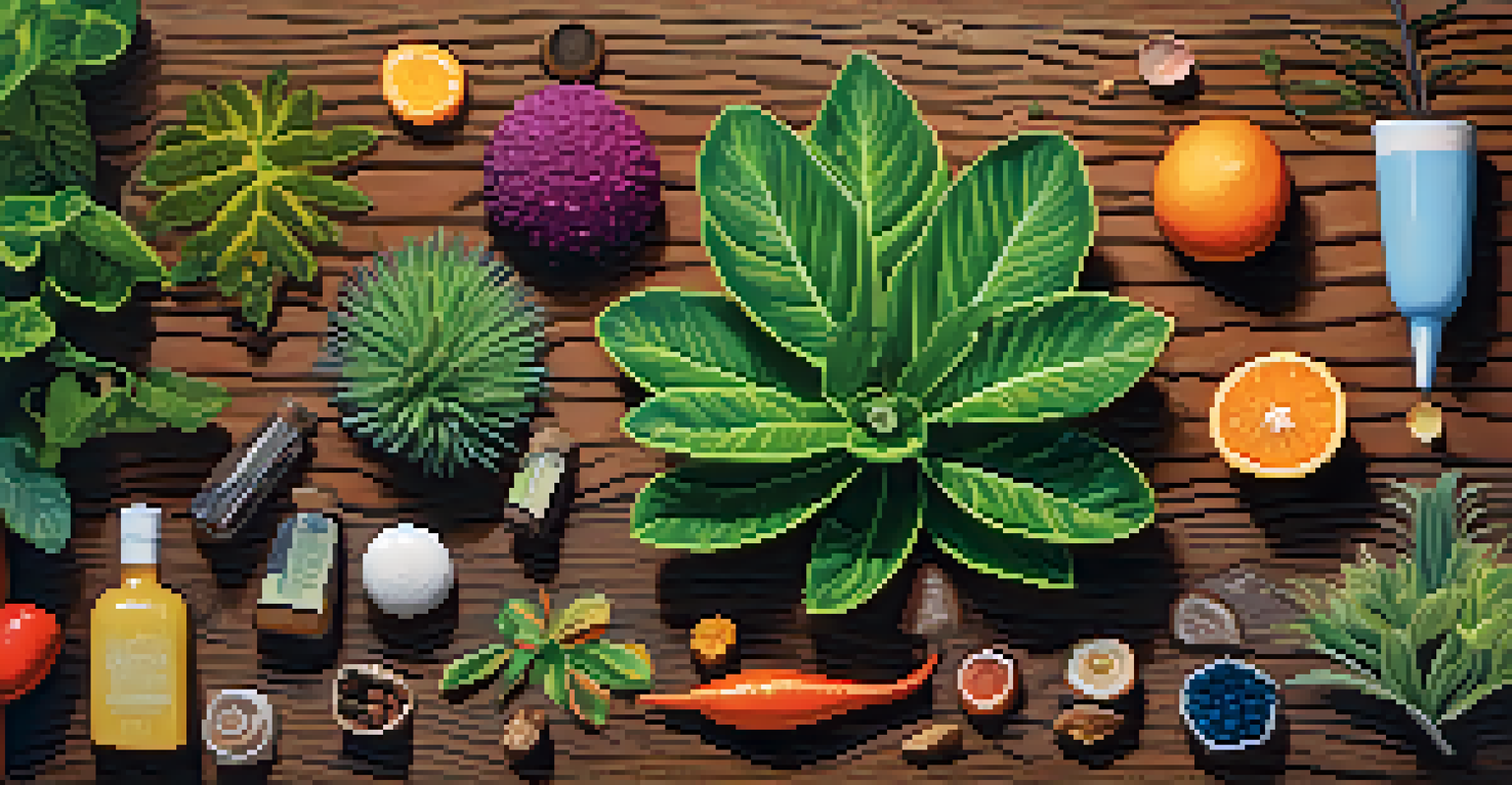 A visually striking arrangement of psychedelic plants on a textured wooden table, showcasing their natural beauty.