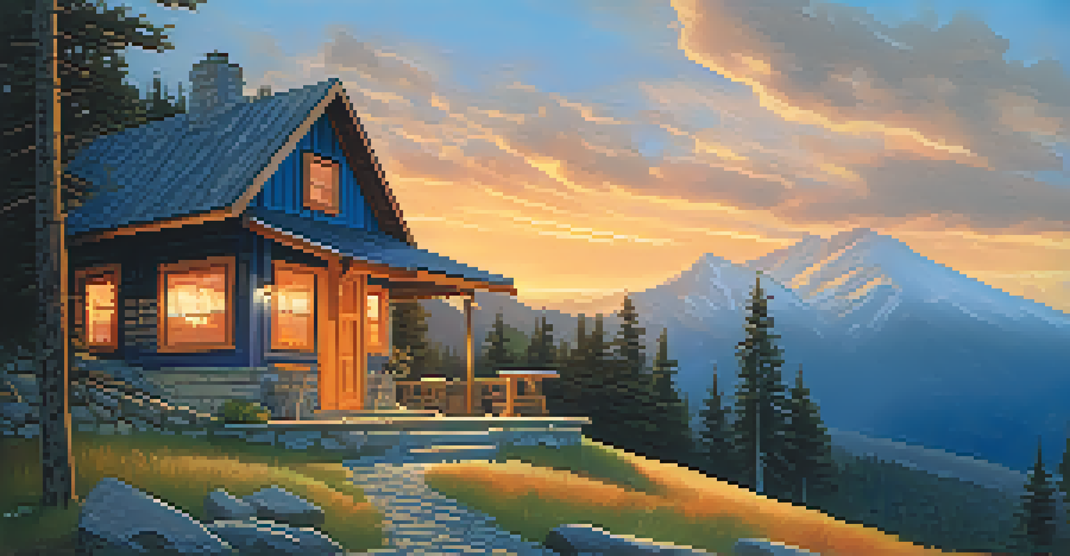 A cozy wooden cabin in a mountain landscape at dusk, with warm light glowing from the windows and a pathway leading to it.