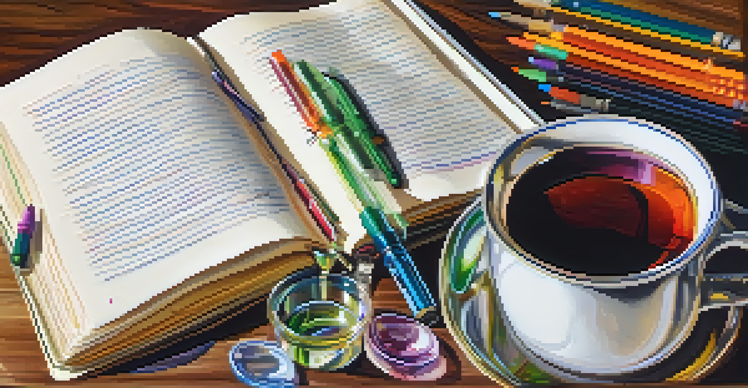 A close-up of an open journal with colorful pens, a cup of herbal tea, and a crystal in the background, suggesting personal exploration.