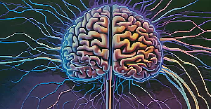 A close-up view of a human brain with illuminated neural pathways and a gradient background, emphasizing the complexity of thought.