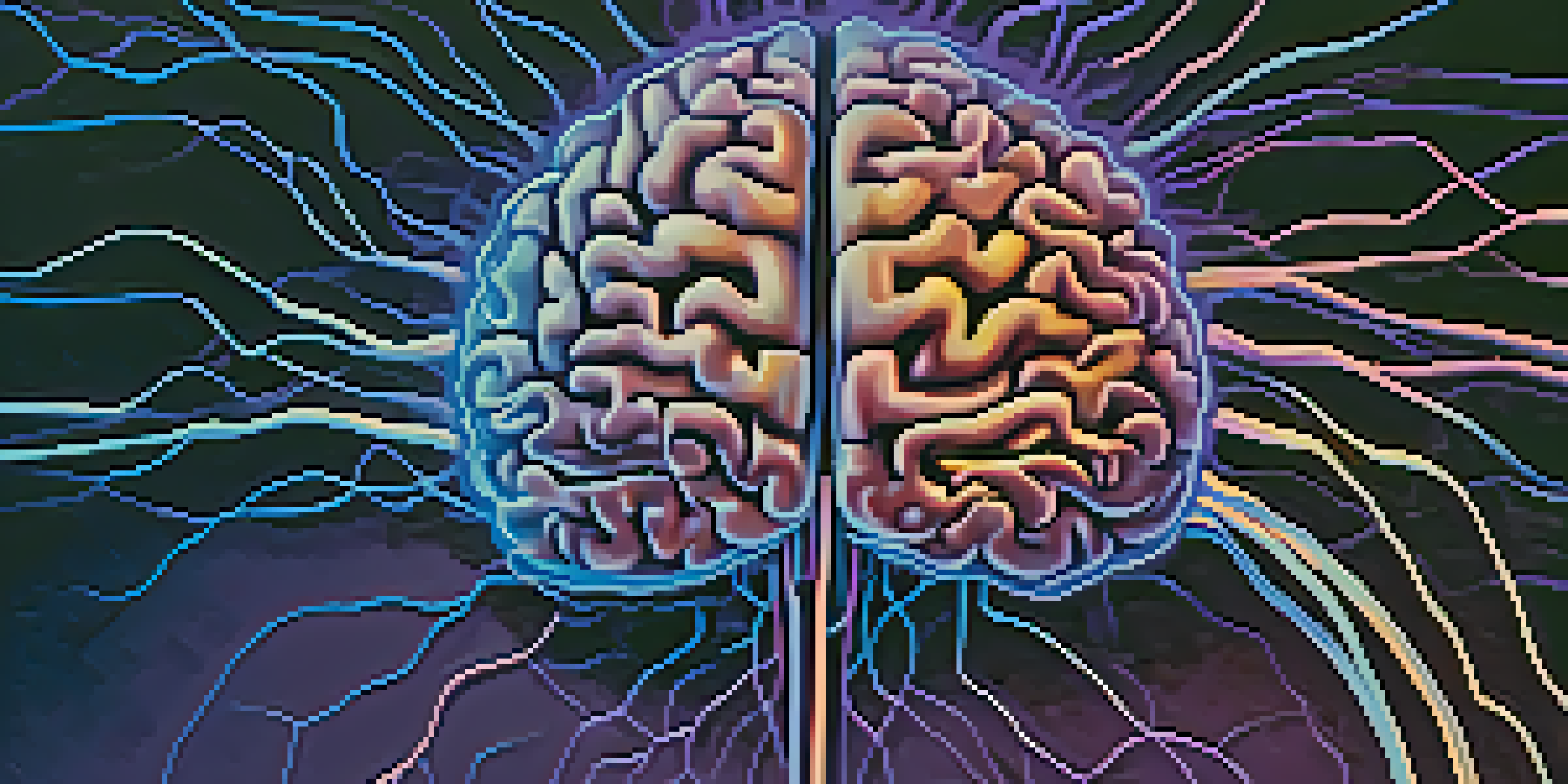A close-up view of a human brain with illuminated neural pathways and a gradient background, emphasizing the complexity of thought.