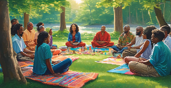A diverse group of people participating in a healing workshop in a green park, sitting in a circle on colorful blankets under soft sunlight.