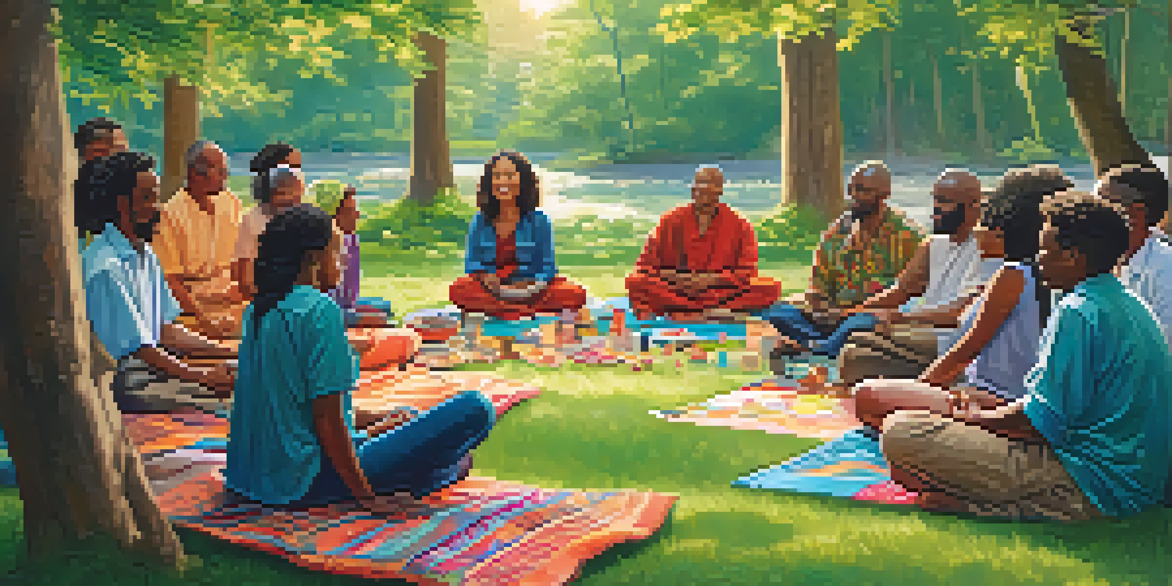 A diverse group of people participating in a healing workshop in a green park, sitting in a circle on colorful blankets under soft sunlight.