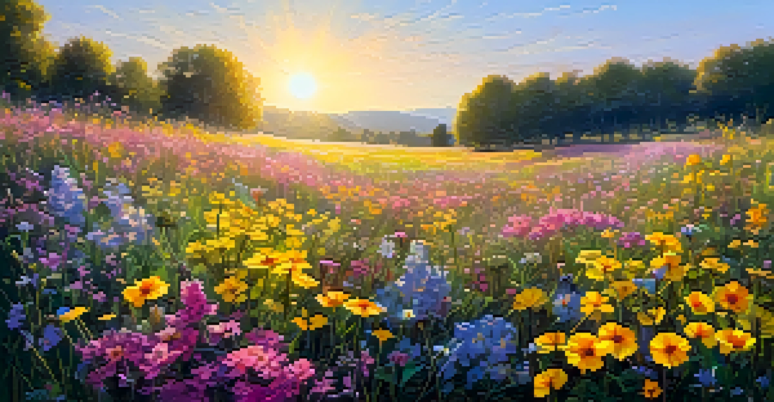 A colorful wildflower meadow with a variety of flowers and butterflies.