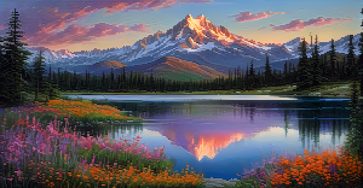 A stunning mountain landscape at sunset with vibrant sky colors reflecting in a tranquil lake.