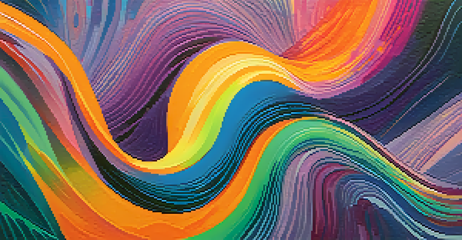 An abstract image of colorful sound waves swirling in dynamic patterns against a deep blue-purple background.