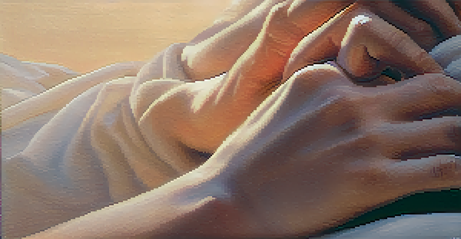 A close-up of a hand resting on a person's chest, symbolizing breath and emotion in a calm setting.