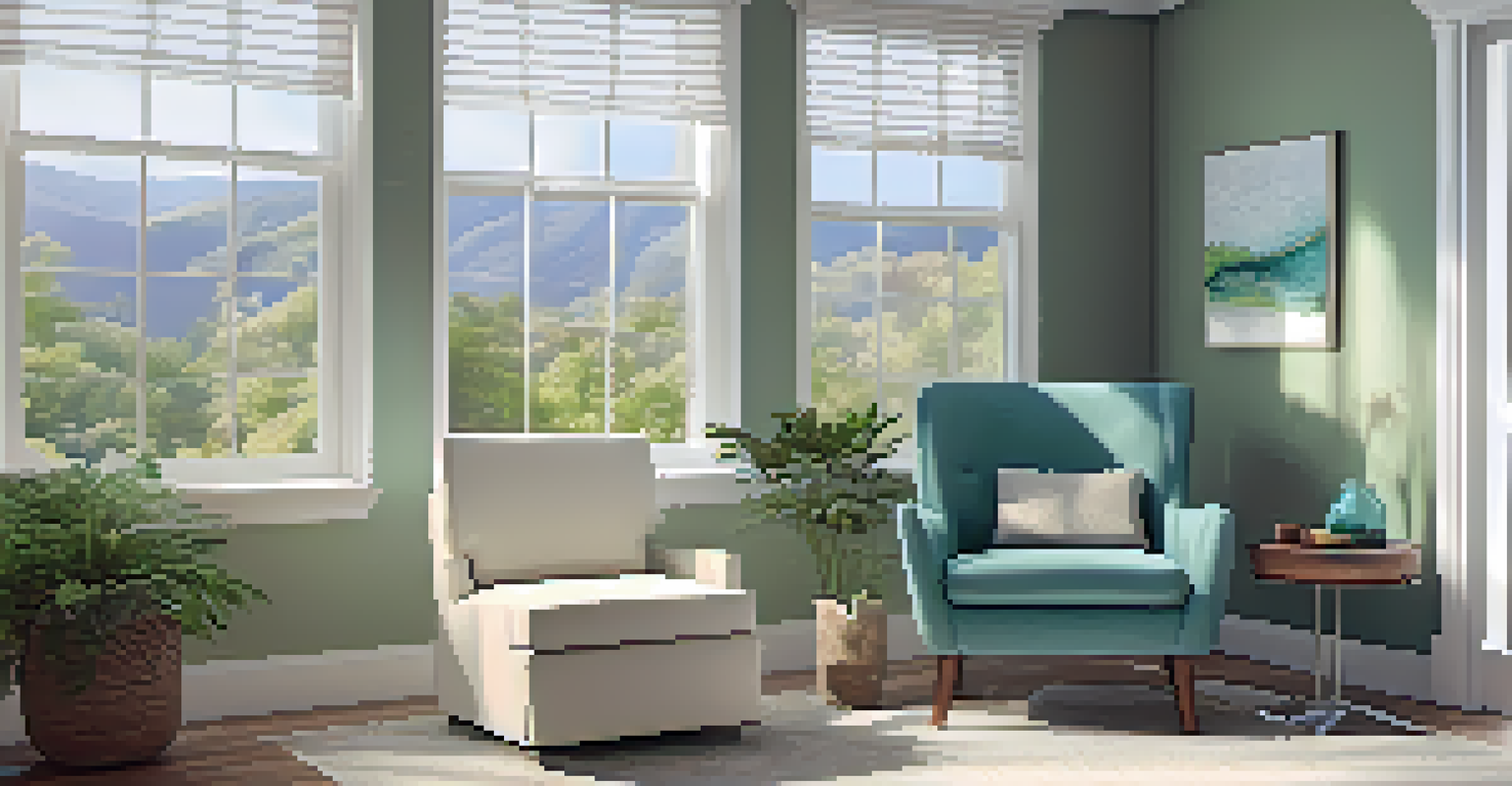 A cozy therapy room with a comfortable chair, plants, and natural light coming through the window.