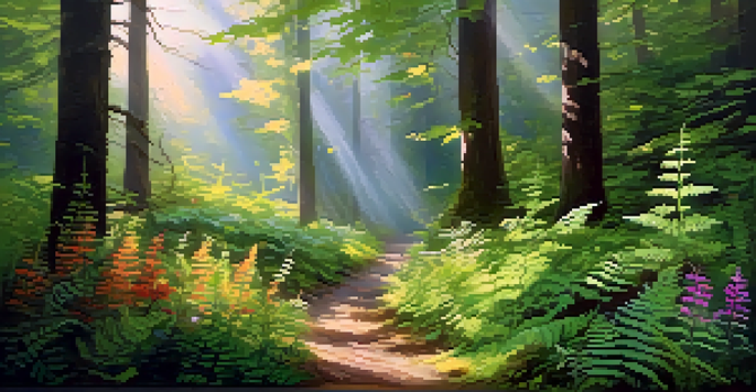 A tranquil forest with sunlight shining through leaves, ferns, and wildflowers creating a peaceful and dreamlike environment.