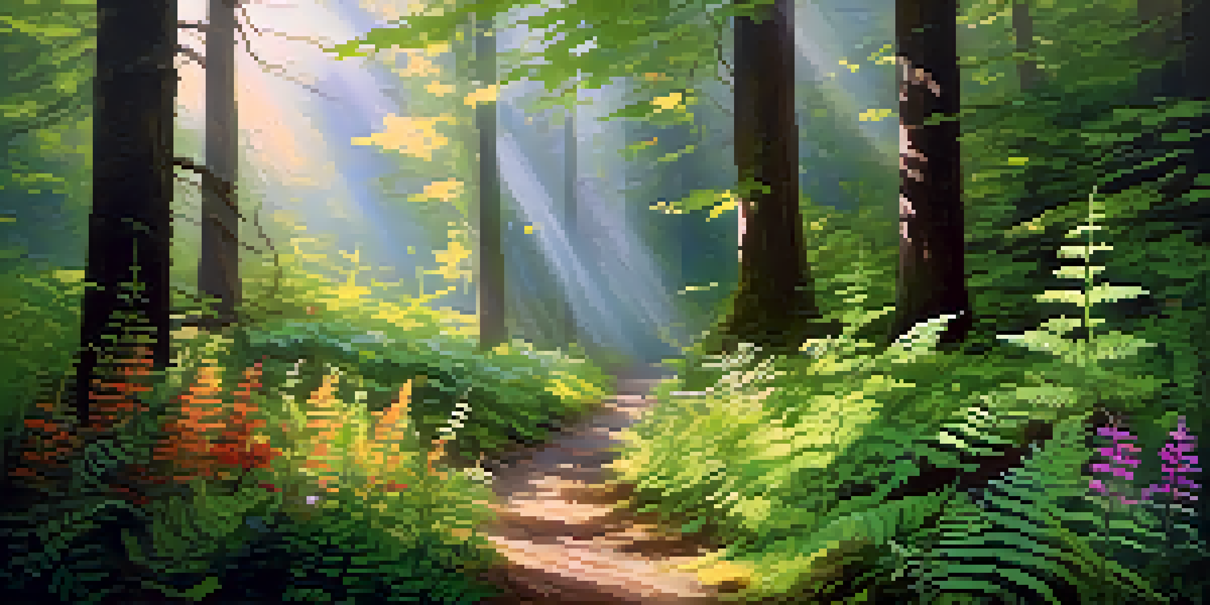 A tranquil forest with sunlight shining through leaves, ferns, and wildflowers creating a peaceful and dreamlike environment.