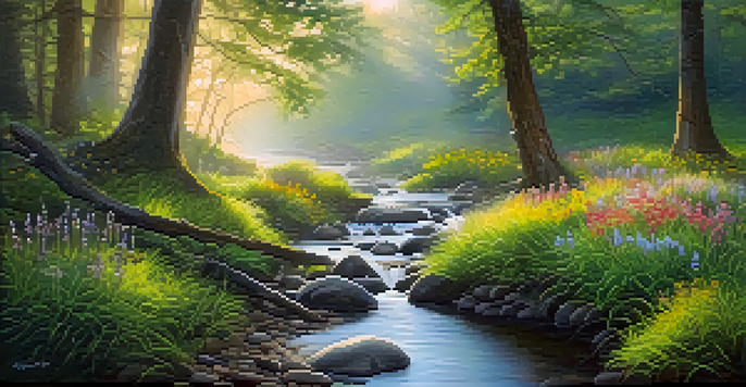 A tranquil forest at dawn, with golden light through trees, a stream with clear water, and colorful wildflowers.