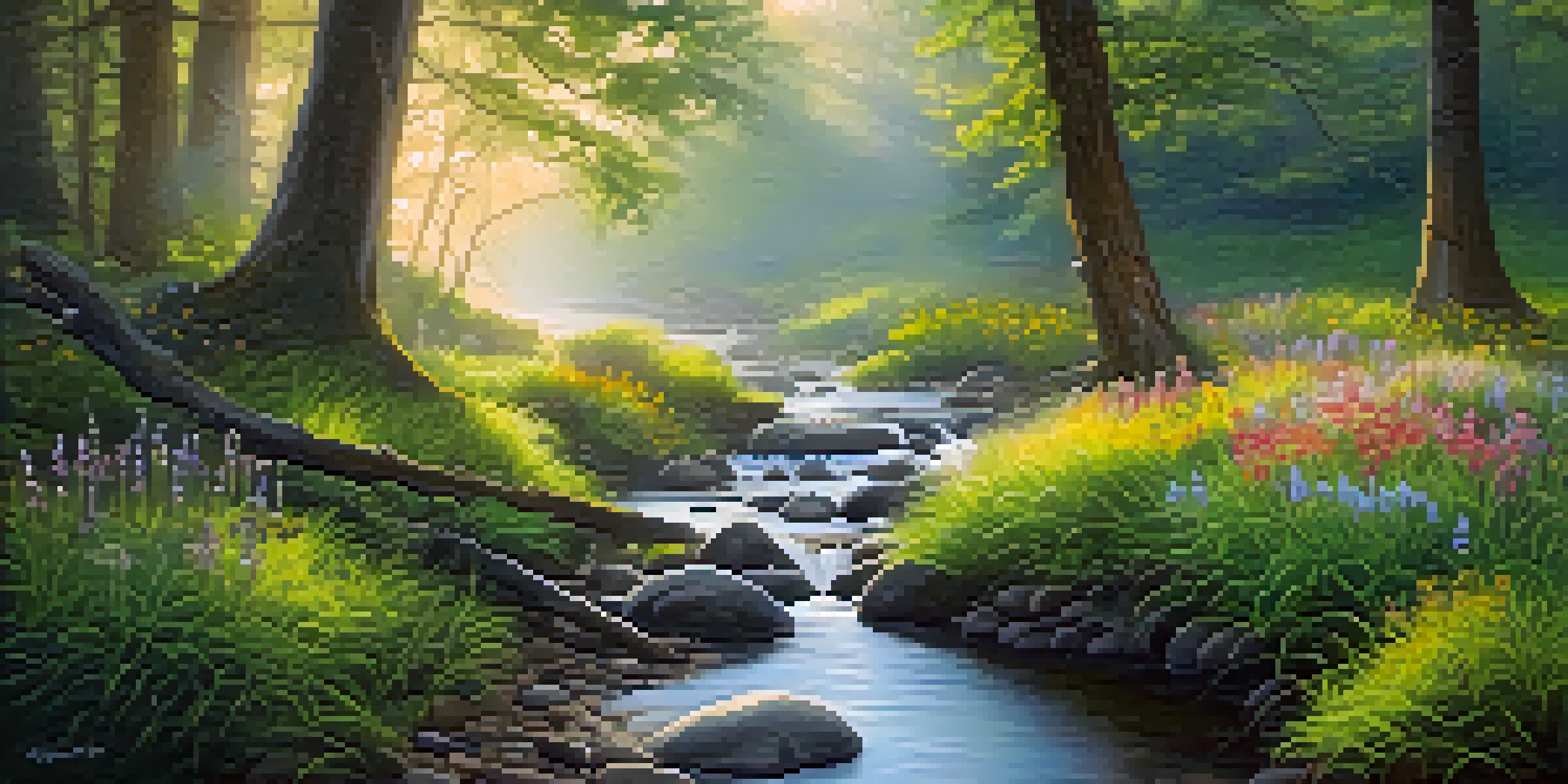 A tranquil forest at dawn, with golden light through trees, a stream with clear water, and colorful wildflowers.