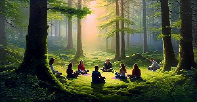 A peaceful forest at dawn with diverse individuals meditating in a circle on the ground, surrounded by greenery and soft golden light.