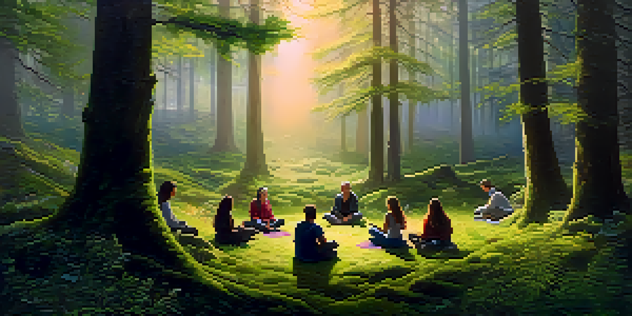 A peaceful forest at dawn with diverse individuals meditating in a circle on the ground, surrounded by greenery and soft golden light.
