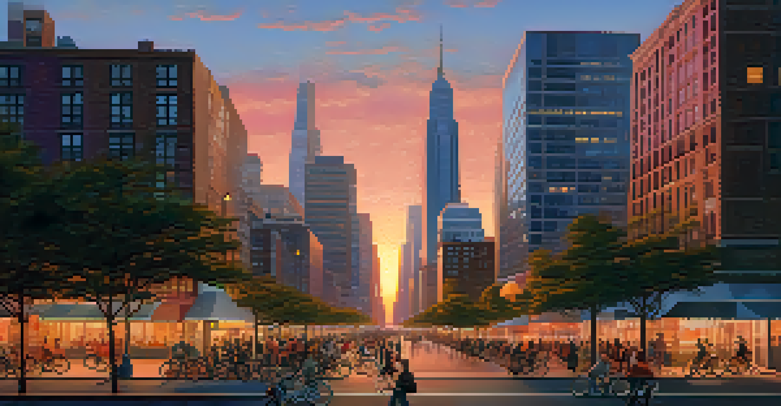 A vibrant city skyline at sunset with modern buildings and people on the street.