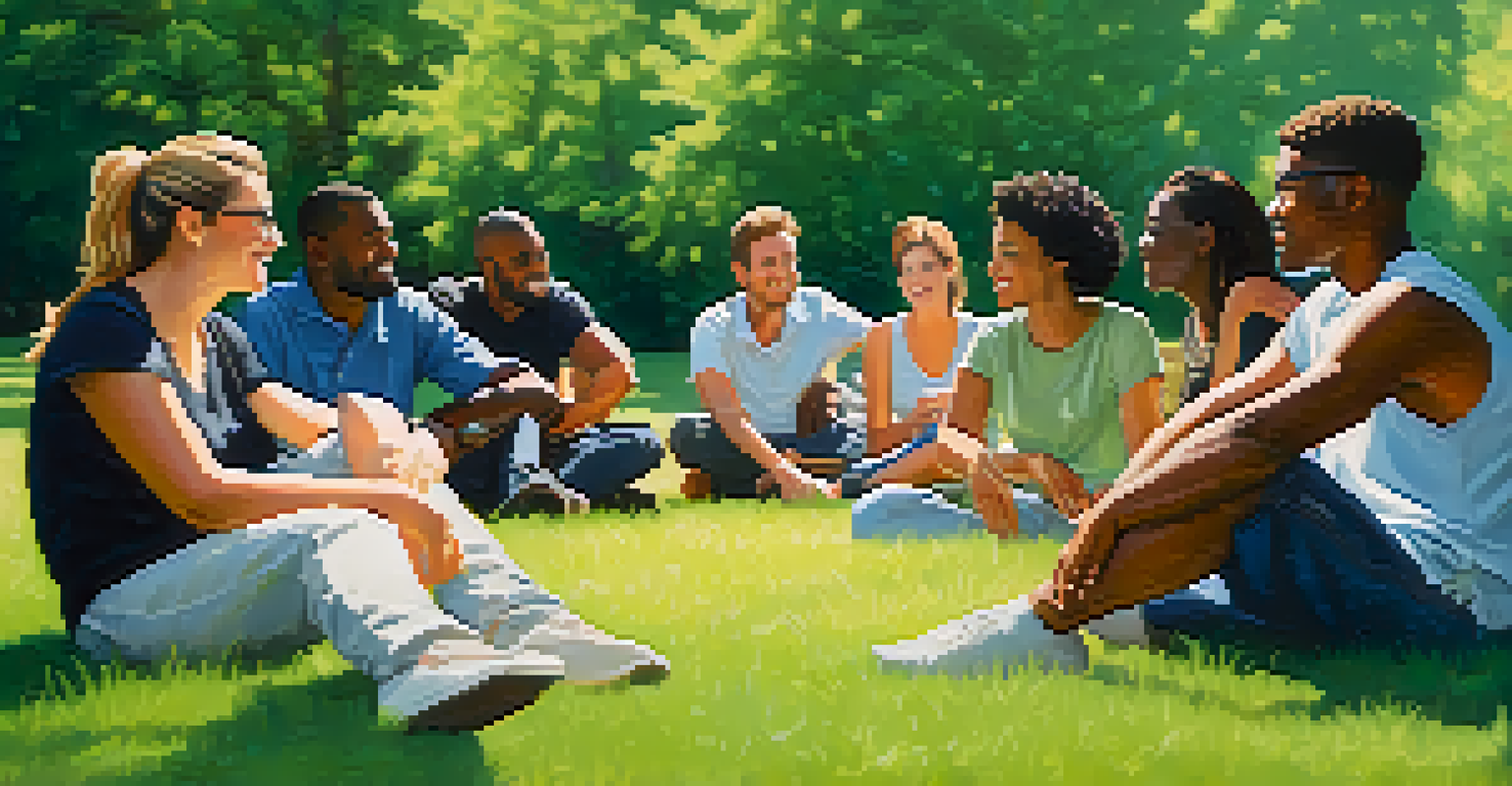 A diverse group of people sitting in a circle on grass, engaged in conversation.