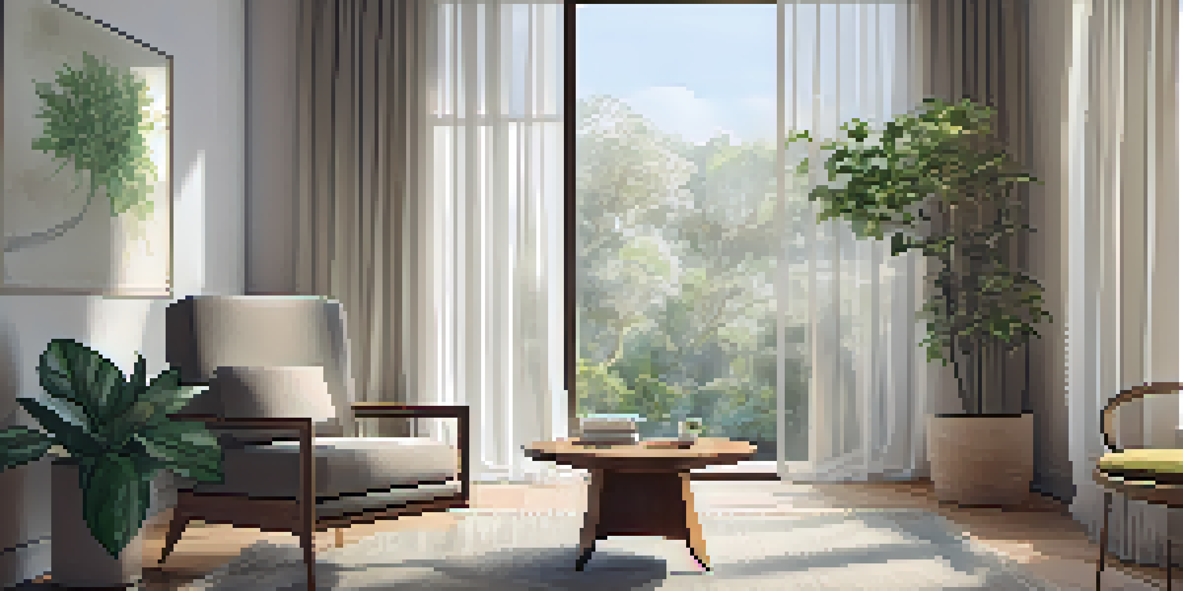 A peaceful therapy room with natural light, an armchair, a table with a plant, and calming artwork.