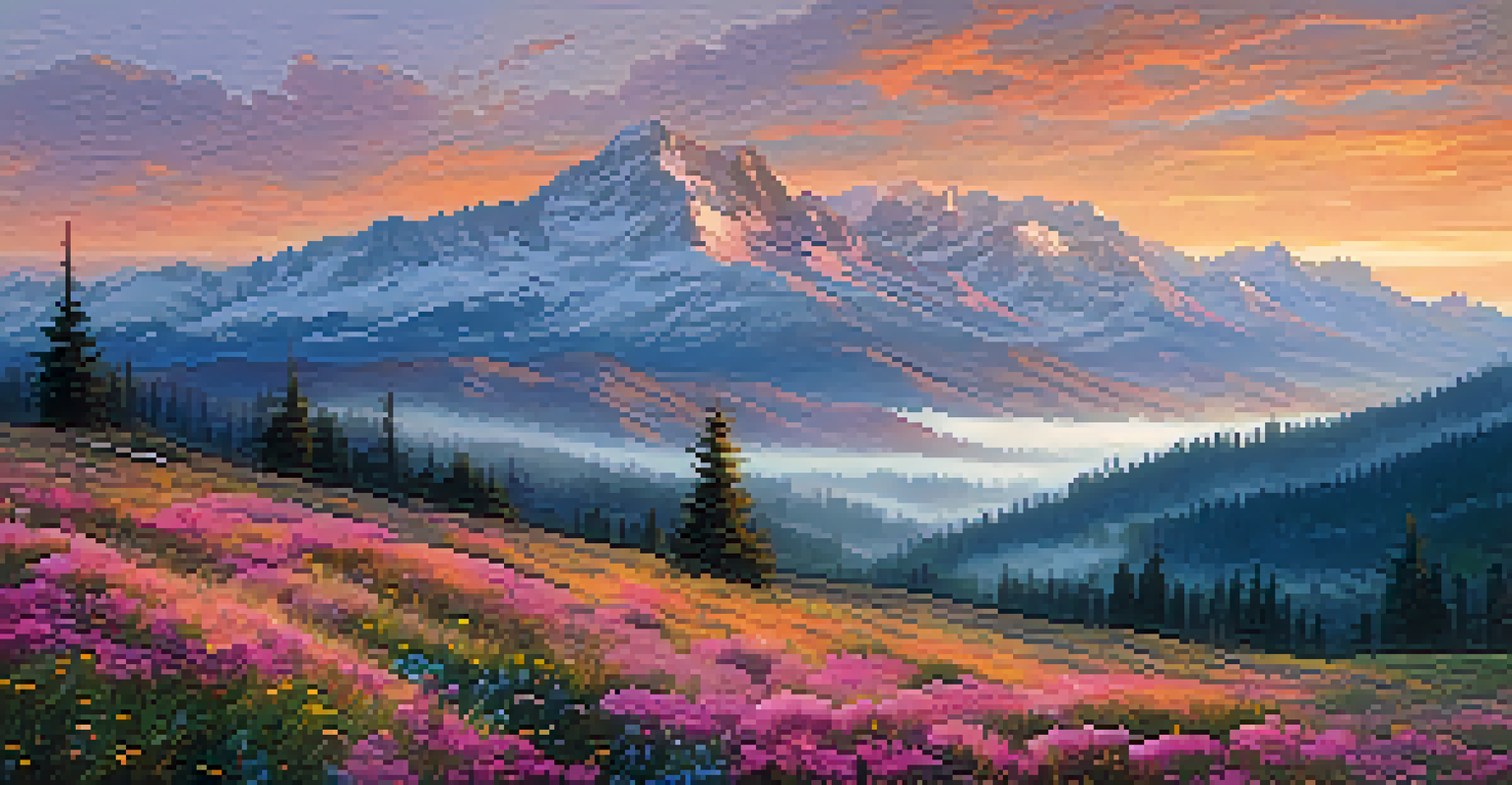 A majestic mountain landscape at sunrise, with mist in the valleys and colorful wildflowers in the foreground.