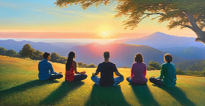 A tranquil scene of a mountain landscape at sunrise, with people meditating in a circle on a grassy knoll.