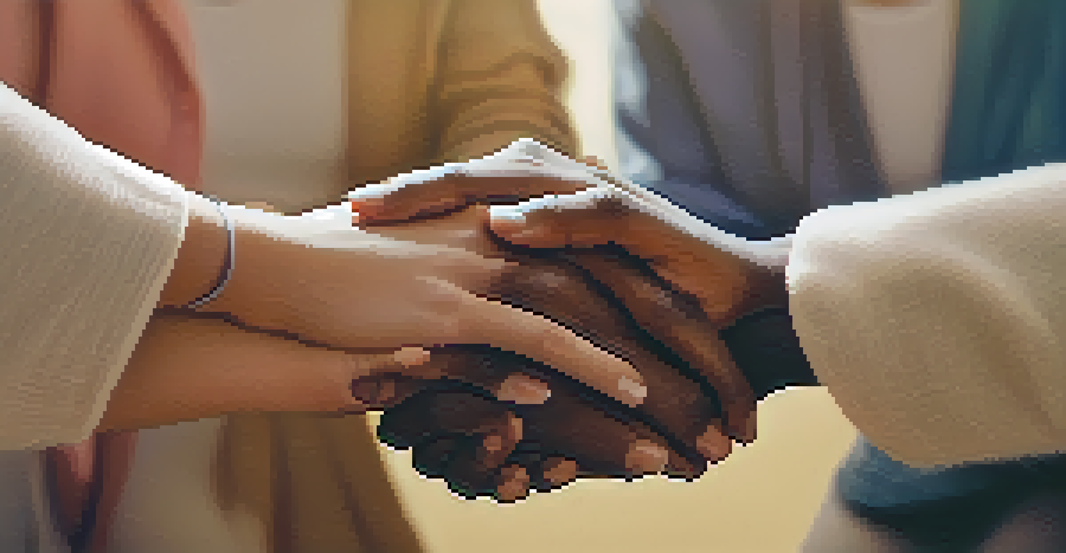 A close-up of diverse hands clasped together, symbolizing support and unity in a group therapy context.