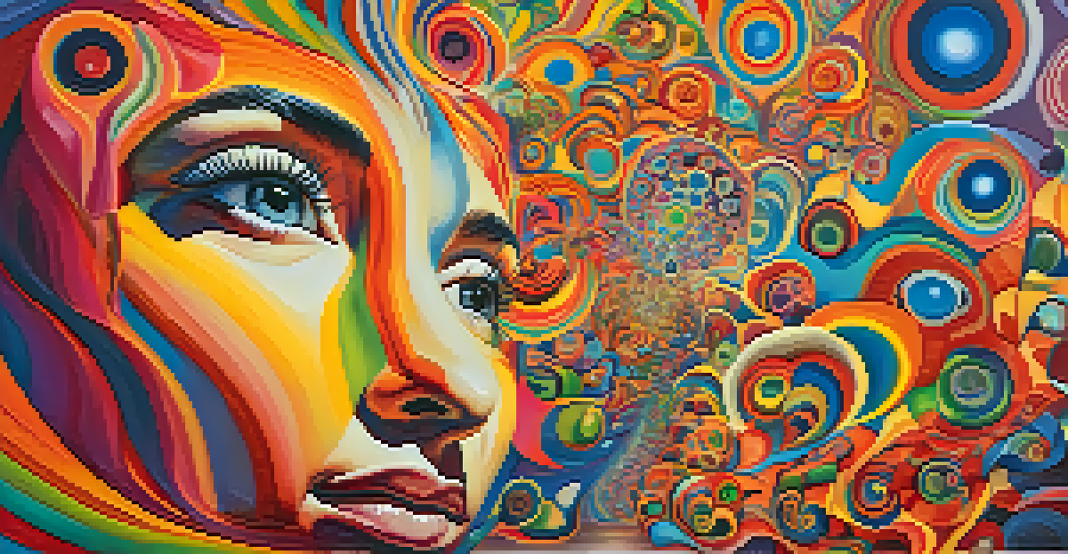 An artistic depiction of a person surrounded by swirling colors and patterns, representing the experience of altered perception and creativity.
