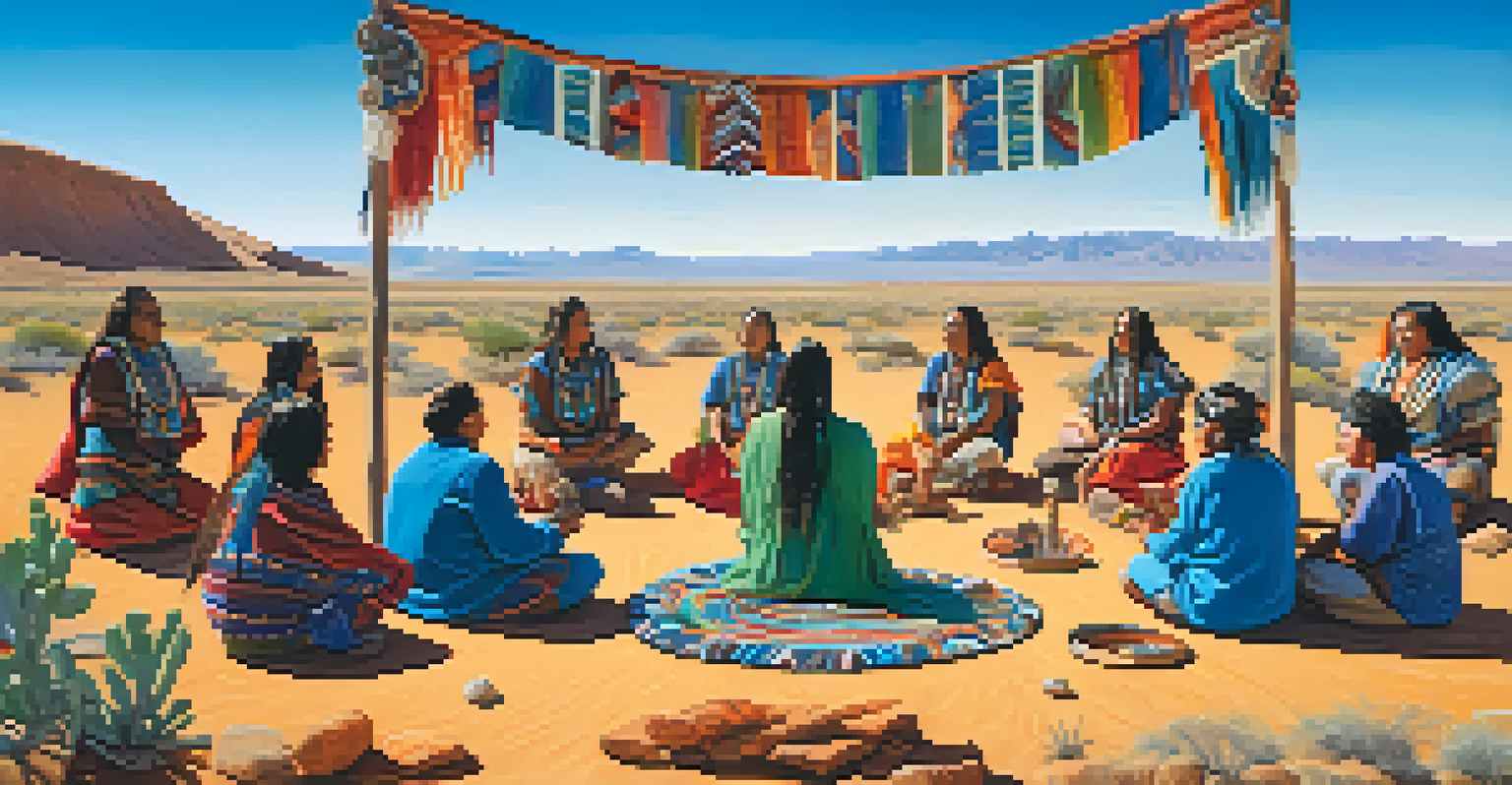 A group of individuals participating in a peyote ceremony, surrounded by colorful blankets and sacred objects in a desert landscape.