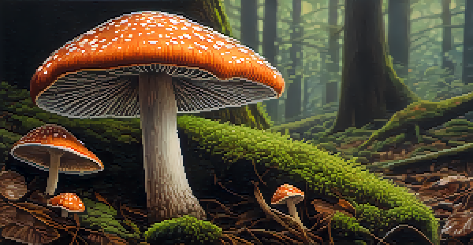 A close-up of a psilocybin mushroom in a forest, showcasing its gills and texture, with moss and leaves around it.