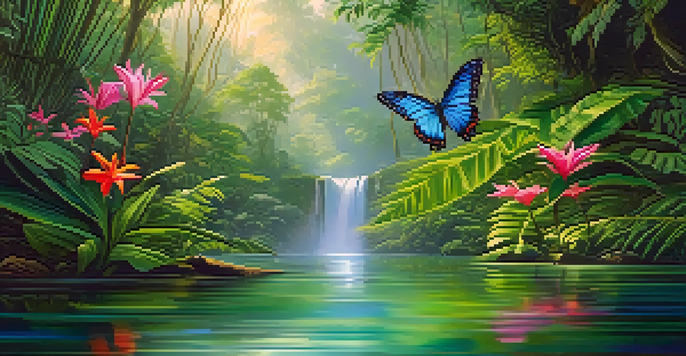 A peaceful rainforest landscape with a flowing river, colorful flowers, and a butterfly, illuminated by morning sunlight.