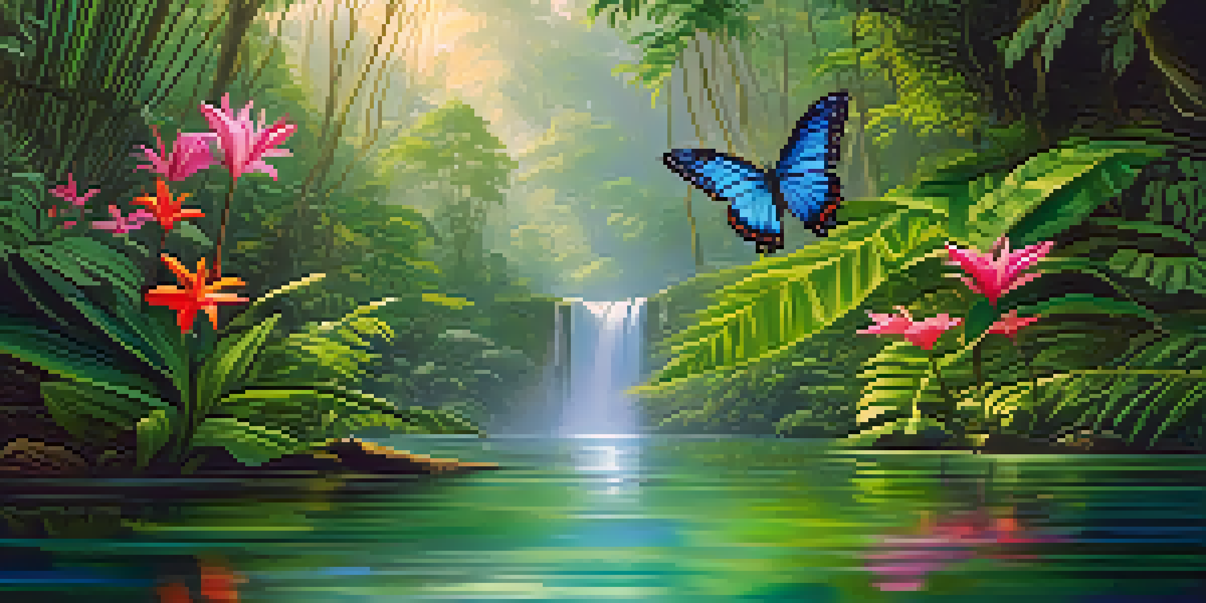 A peaceful rainforest landscape with a flowing river, colorful flowers, and a butterfly, illuminated by morning sunlight.