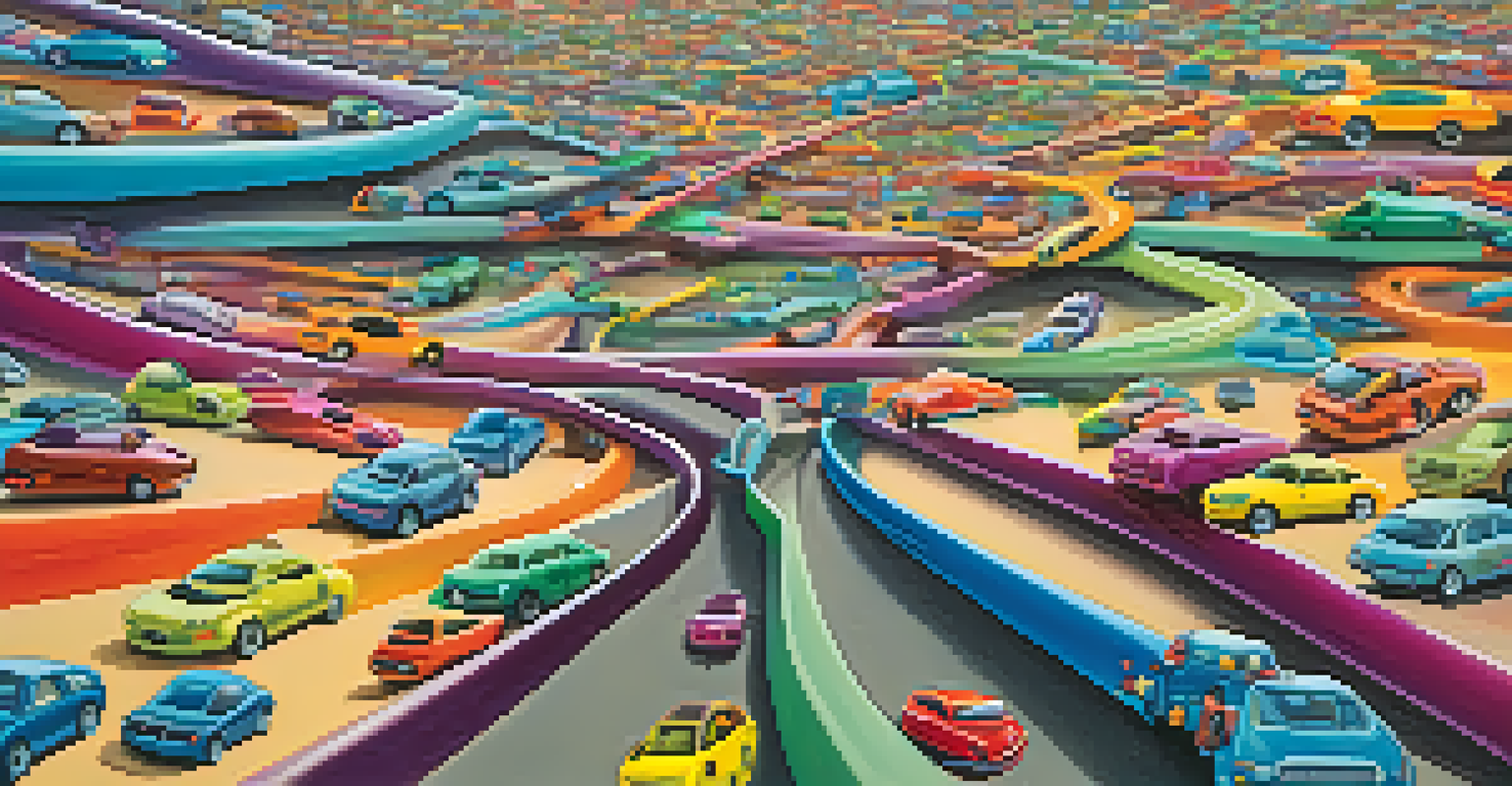 An abstract illustration of the brain's default mode network, with colorful cars on a highway representing thoughts and connections.