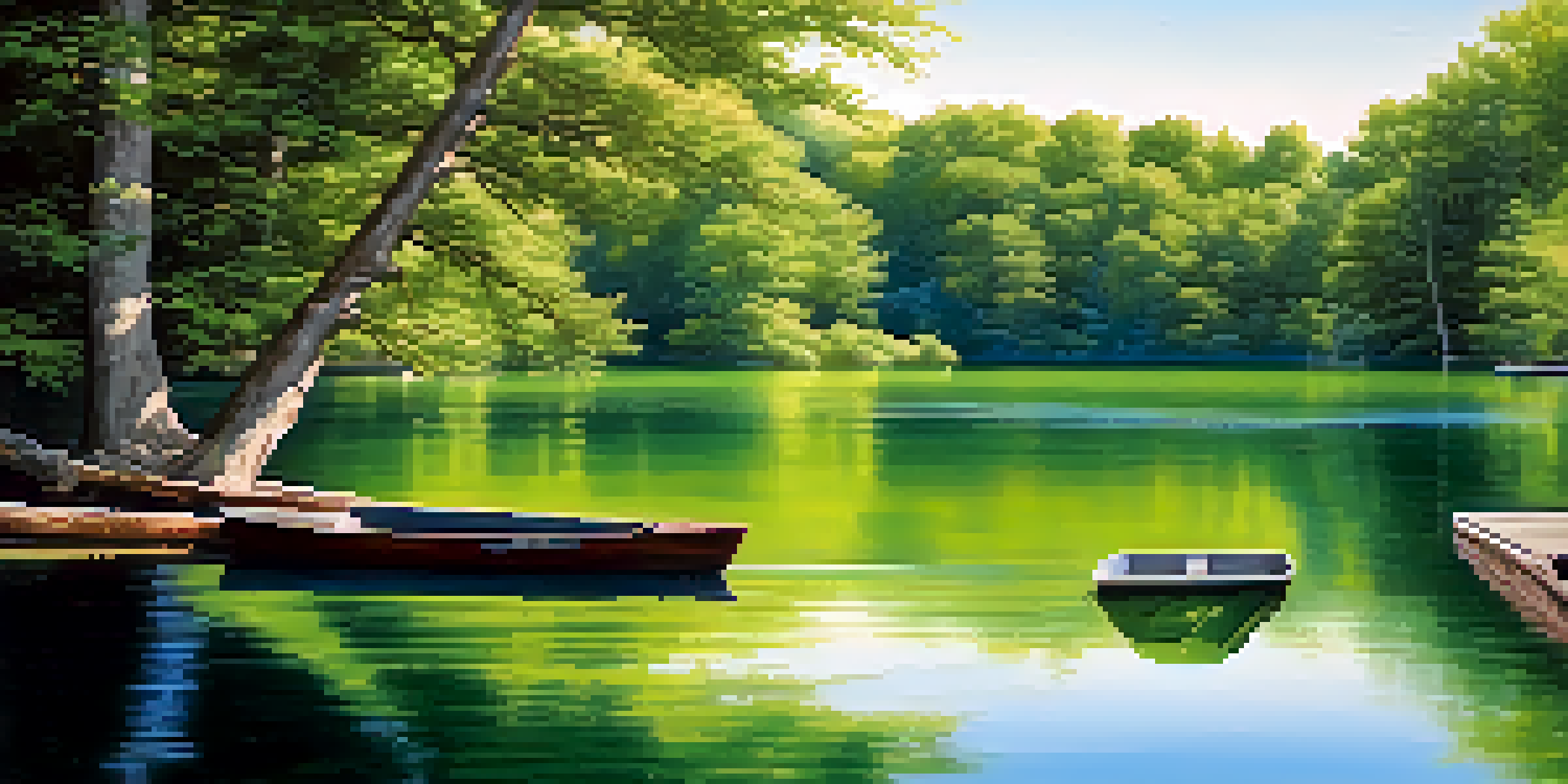 A peaceful lake scene with green trees, blue sky, and a wooden dock with a boat.