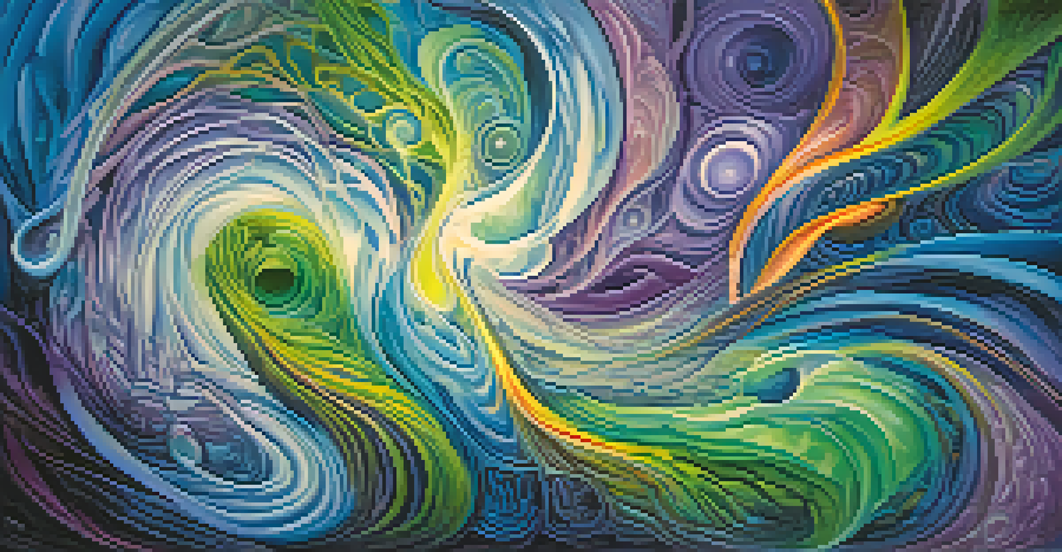 An abstract image representing the connection between breathwork and hallucinogens, featuring swirling colors and shapes in blue, green, and purple.