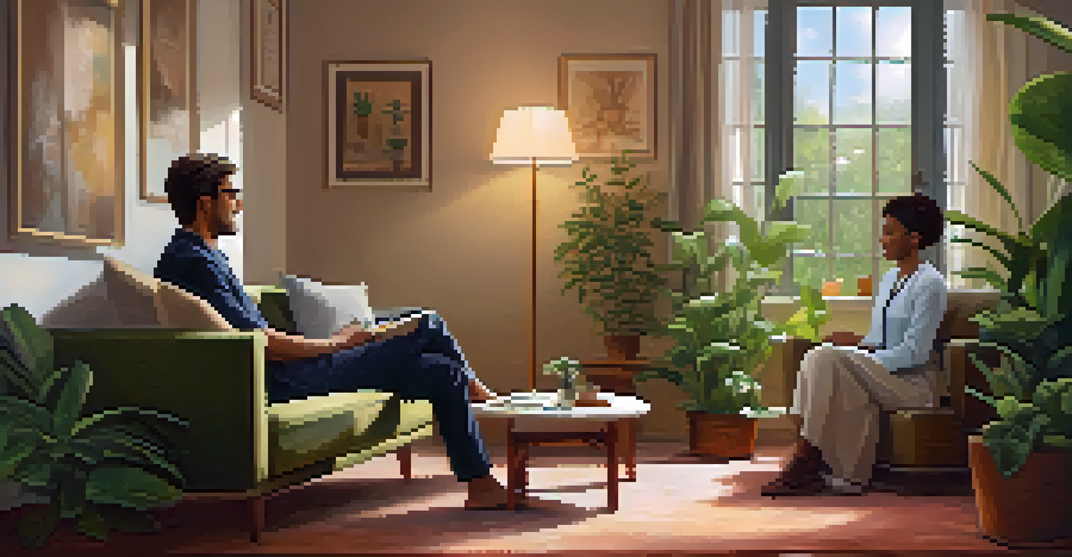 A therapist and patient in a cozy room, engaged in a deep conversation, highlighting emotional connection.