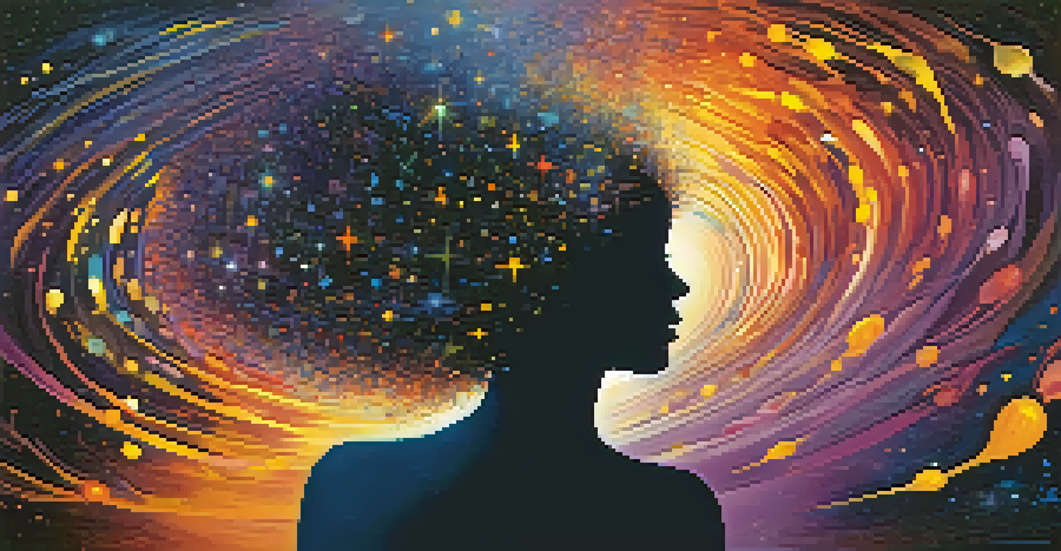 An abstract image of a colorful galaxy inside a human silhouette, symbolizing thoughts and introspection.