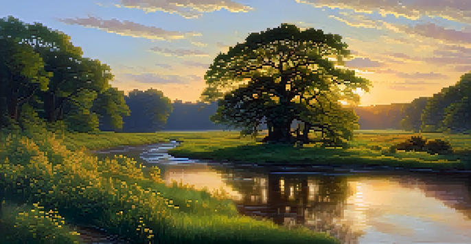 A peaceful forest scene with a stream, wildflowers, and a large oak tree at sunset.