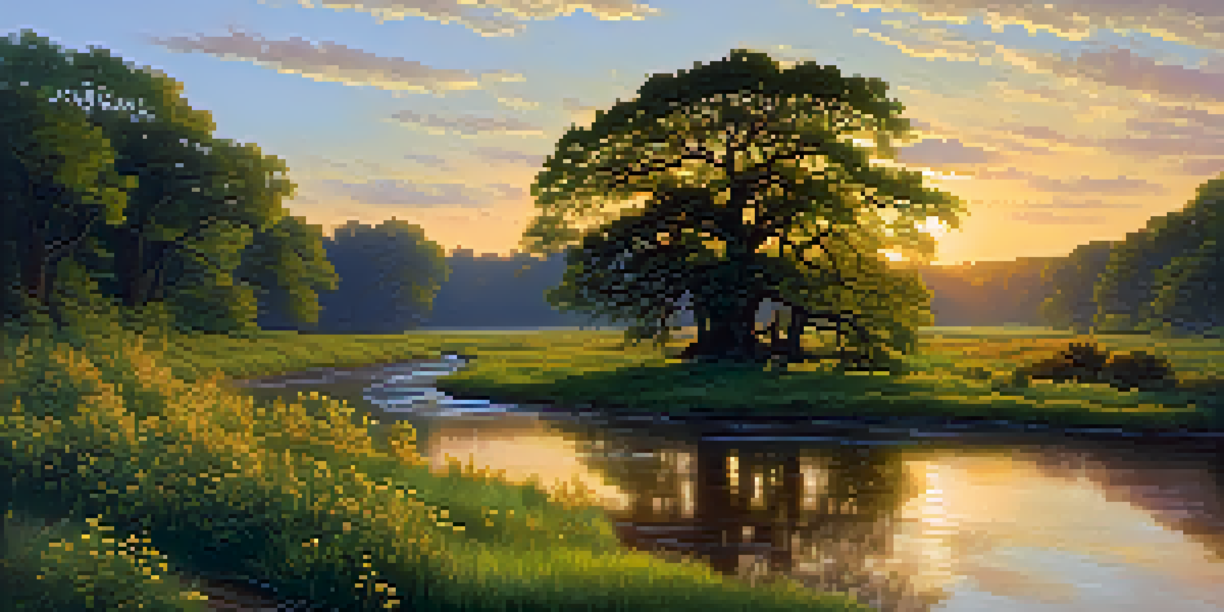 A peaceful forest scene with a stream, wildflowers, and a large oak tree at sunset.